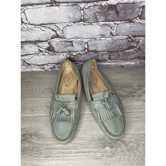 Tods Grey Solid Fringe Leather Kiltie Tassel Driving Loafers Women 41EU/10.5M US - Picture 2 of 16